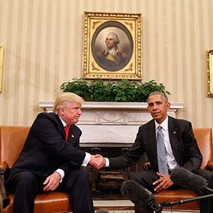 President Barack Obama and President-elect Donald Trump shake hands following their meeting in the Oval Office of the White House in Washington, Thursday, Nov. 10, 2016. (Pablo Martinez Monsivais/AP/CP)