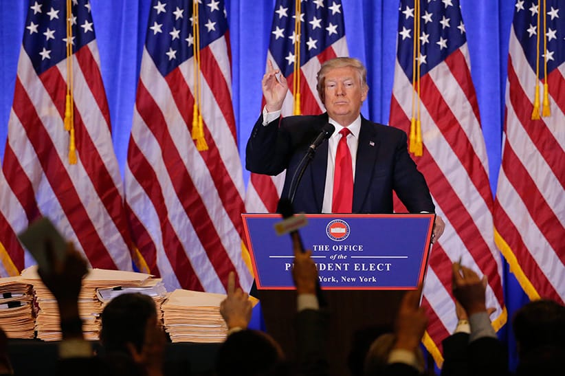 President-elect Donald Trump takes questions during a news conference, Wednesday, Jan. 11, 2017, in New York. The news conference was his first as President-elect. (Seth Wenig/AP/CP)