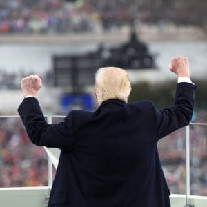 US President Donald Trump celebrates after his speech during the Presidential Inauguration at the US Capitol in Washington, D.C., U.S., January 20, 2017. (Saul Loeb/Reuters)