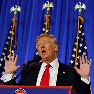 President-elect Donald Trump speaks during a news conference in the lobby of Trump Tower in New York, Wednesday, Jan. 11, 2017. (Evan Vucci/AP/CP)
