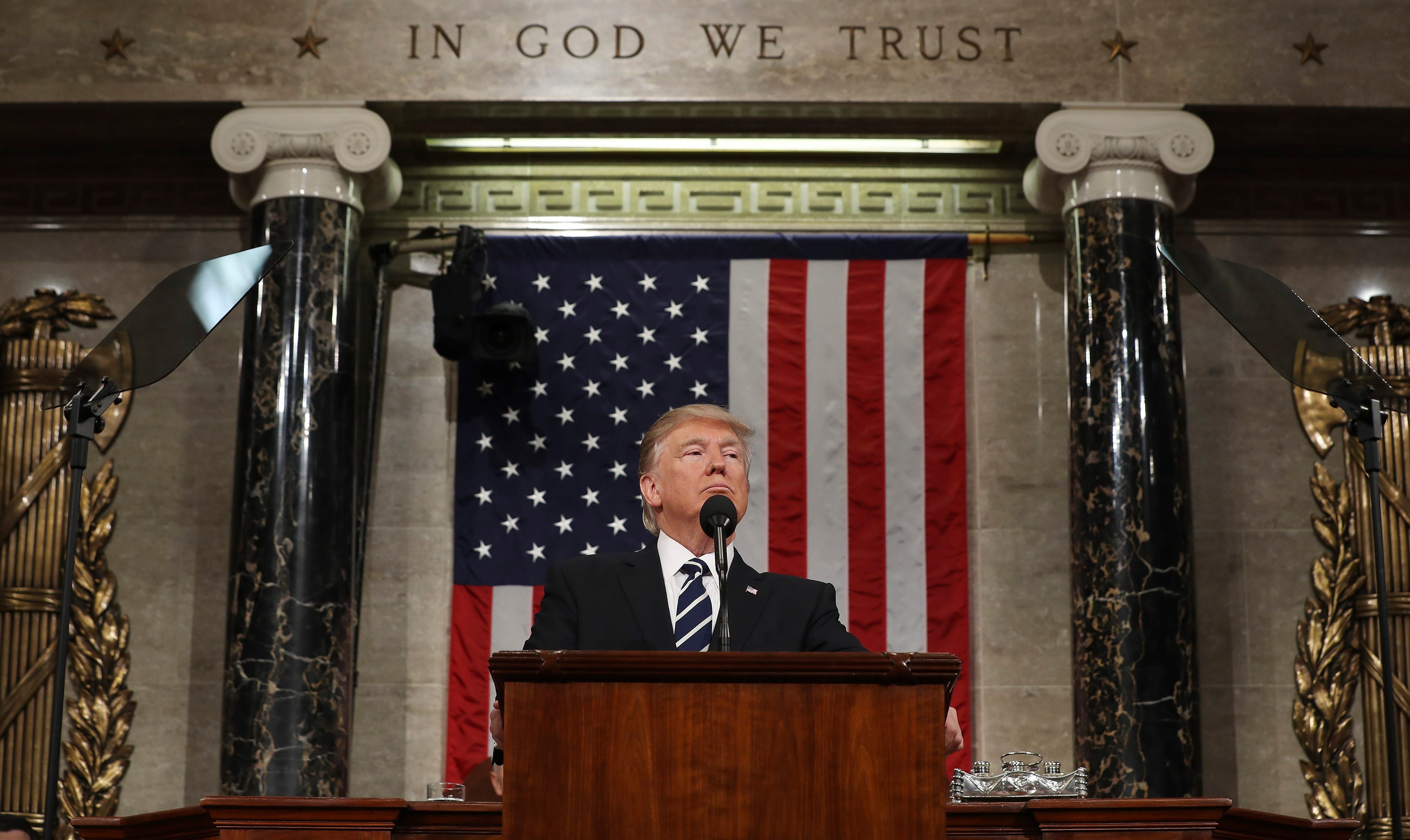 President Donald Trump addresses a joint session of Congress on Capitol Hill in Washington, Tuesday, Feb. 28, 2017.  (Jim Lo Scalzo/Pool Image via AP)