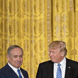 U.S. President Donald Trump, right, looks towards Benjamin Netanyahu, Israel's prime minister, during a news conference in the East Room of the White House in Washington, D.C., U.S., on Wednesday, Feb. 15, 2017. Netanyahu is trying to recalibrate ties with Israel's top ally after eight years of high-profile clashes with former President Barack Obama, in part over Israel's policies toward the Palestinians. (Andrew Harrer/Bloomberg/Getty Images)