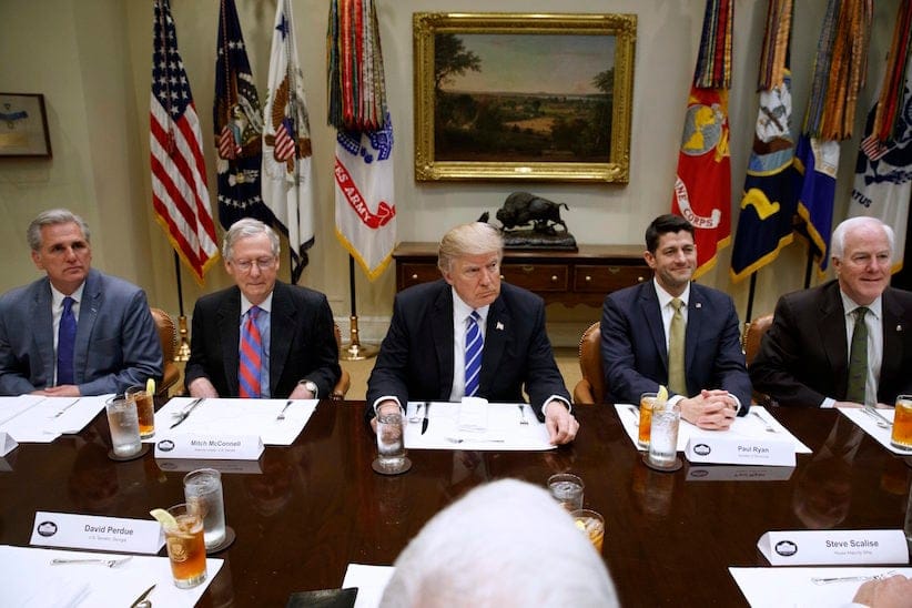 President Donald Trump hosts a meeting with House and Senate leadership, Wednesday, March 1, 2017,  in the Roosevelt Room of the White House in Washington. From left are, House Majority Leader Kevin McCarthy of Calif., Senate Majority Leader Mitch McConnell of Ky., Trump, House Speaker Paul Ryan of Wis., and Senate Majority Whip John Cornyn of Texas. (AP Photo/Evan Vucci)