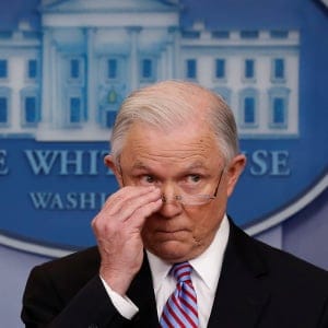 U.S. Attorney General Jeff Sessions (R) joins White House Press Secretary Sean Spicer (L) for the daily press briefing at the White House in Washington, U.S., March 27, 2017.  (Jonathan Ernst/Reuters)