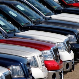 F-150 pickup trucks on the lot at a Ford dealership. (David Zalubowski/AP/CP)