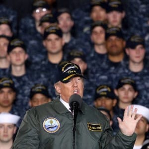 U.S. President Donald Trump speaks to members of the U.S. Navy and shipyard workers on board the USS Gerald R. Ford CVN 78 that is being built at Newport News shipbuilding, on March 2, 2017 in Newport News, Virginia. The USS Ford is powered by two Nuclear reactors and is 1, 092 feet long with a 134 foot beam and can carry over 75 aircraft.  (Mark Wilson/Getty Images)