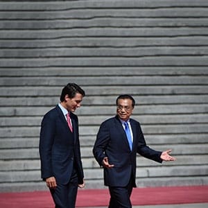 Chinese Premier Li Keqiang (R) talks with Canadian Prime Minister Justin Trudeau (L) as they prepare to inspect Chinese honour guards during a welcome ceremony at the Great Hall of the People in Beijing on August 31, 2016.
Justin Trudeau is on a one week vist to China from August 30 to September 6 and will also attend the G20 Summit in Hangzhou.  (WANG ZHAO/AFP/Getty)