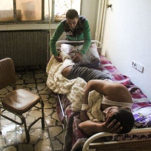 A picture taken on April 6, 2017 shows 40-year-old Hassan Youssef, a victim of the April 4, 2017 suspected toxic gas attack in Khan Sheikhun, receiving medical care in a hospital in the nearby northwestern Syrian city of Idlib. (Omar Haj Kadour/AFP/Getty Images)