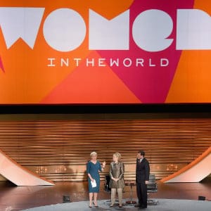 Tina Brown, Former United States Secretary of State, Hillary Clinton and Journalist Nicholas Kristof speak during the Eighth Annual Women In The World Summit at Lincoln Center for the Performing Arts on April 6, 2017 in New York City.  (Michael Loccisano/Getty Images)