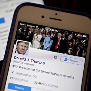 The Twitter Inc. accounts of U.S. President Donald Trump, @POTUS and @realDoanldTrump, are seen on an Apple Inc. iPhone arranged for a photograph in Washington, D.C., U.S., on Friday, Jan. 27, 2017. Mexican President Enrique Pena Nieto canceled a visit to the White House planned for next week after Trump on Thursday reinforced his demand, via Twitter, that Mexico pay for a barrier along the U.S. southern border to stem illegal immigration. (Andrew Harrer/Bloomberg/Getty Images)