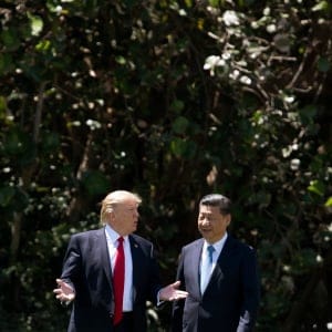 US President Donald Trump (L) and Chinese President Xi Jinping (R) walk together at the Mar-a-Lago estate in West Palm Beach, Florida, April 7, 2017.
President Donald Trump entered a second day of talks with his Chinese counterpart Xi Jinping on Friday hoping to strike deals on trade and jobs after an overnight show of strength in Syria. (Jim Watson/AFP/Getty Images)