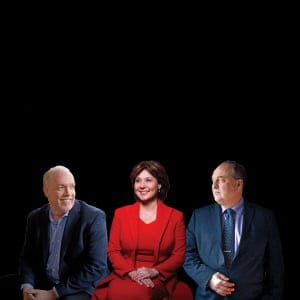 BC NDP leader John Horgan; BC Liberal leader Christy Clark; BC Green Party leader Andrew Weaver