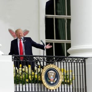 U S. President Donald Trump delivers remarks from the Truman Balcony to guests on the South Lawn during the 139th White House Easter Egg Roll at The White House on April 17, 2017 in Washington, DC. (Leigh Vogel/WireImage/Getty Images)