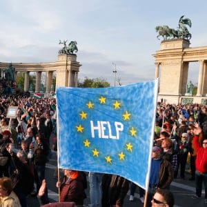 People hold placard during a protest in Heroesí square against a new law that would undermine Central European University, a liberal graduate school of social sciences founded by U.S. financier George Soros in Budapest, Hungary, April 12, 2017. (Laszlo Balogh/Reuters)