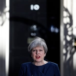 Britain's Prime Minister Theresa May arrives to speak to the media outside her official residence of 10 Downing Street in London, Tuesday April 18, 2017. British Prime Minister Theresa May announced she will seek early election on June 8 (Alastair Grant/AP/CP)