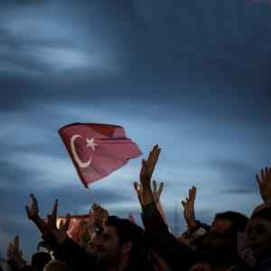 The crowd, who are celebrating the results of the referendum, listen to Turkish President Recep Tayyip Erdogan (not seen) at the Presidential Complex in Ankara, Turkey on April 17, 2017. (Binnur Ege Gurun/Anadolu Agency/Getty Images)