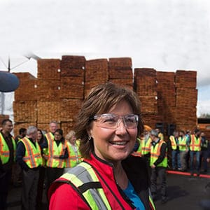 Liberal Leader Christy Clark greets workers during a campaign stop at CedarLine Industries, a manufacturer of western red cedar products, in Surrey, B.C., on Monday April 24, 2017. A provincial election will be held on May 9. (Darryl Dyck/CP)