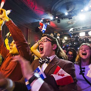 Parti Liberal Qu?b?cois (PLQ) supporters celebrate their party victory at the plaza theatre in Montreal April 7, 2014.  Canada's Quebec province voted out a separatist government Monday, choosing a former neurosurgeon and his federalist Liberal party to lead a promised economic rally.         AFP PHOTO / Fran?ois Laplante-Delagrave        (Photo credit should read Fran?ois Laplante-Delagrave/AFP/Getty Images)