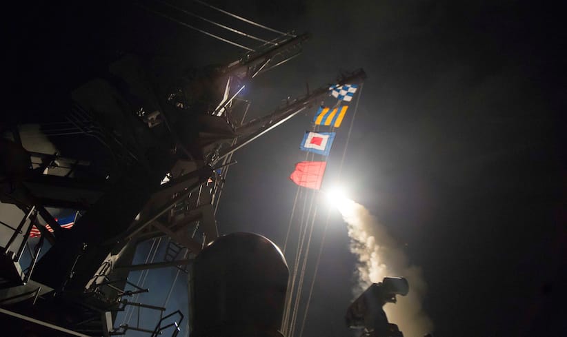 U.S. Navy guided-missile destroyer USS Ross (DDG 71) fires a tomahawk land attack missile in Mediterranean Sea on April 7, 2017.   Robert S. Price/Courtesy U.S. Navy/Handout via REUTERS   ATTENTION EDITORS - THIS IMAGE WAS PROVIDED BY A THIRD PARTY. EDITORIAL USE ONLY. - RTX34H98