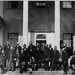 CHARLOTTETOWN, P.E.I.-September 11,1864- Constitutional Convention at Charlottetown, P.E.I., of Delegates from the Legislature of Canada, New Brunswick, Nova Scotia, and Prince Edward Island to take into consideration the Union of the British North American Colonies 
1. Col. Hon. John Hamilton Gray, M.P.P. P.E.I. (Chairman of Convention) 2. Hon. John A. McDonald, M.P.P. Attorney General, Canada West 3. Hon. George E. Curtier, M.P.P. Min. of Agriculture 4. Hon. Thomas D'Arcy McGee, M.P.P., Min. of Agriculture 5. Hon. Wm. A. Henry, M.P.P., Attorney General, N.S. 6. Hon. Wm. II, Steeves, M.E.C., N.B. 7. Hon. John M. Johnson, M.P.P. Attorney General, N.B. 8. Hon. Samuel Leonard Tilley, M.P.P., Prov. Secretary, N.B. 9. Hon. R. Dickey, M.L.C. N.S. 10. Lt. Col. Hon. J.H. Gray, M.P.P., N.B. 11. Hon. E. Palmer, M.L.C. Attorney General, P.E.I. 12. Hon. E. Botsford Chandler, M.L.C., N.B. 13. Hon. H.L. Langevin, M.P.P., Solicitor General, Canada East. 14. Hon. Charles Tupper, M.P.P., Provincial Secretary, N.S. 15. Hon. A.J. Galt, M.P.P., Finance Minister. 16. Hon. Adams G. Archibald, M.P.P., N.S. 17. Hon. A.A. McDonald, M.L.C., P.E.I. 18. Hon. Abt. Campbell, M.L.C. Commissioner of Crown Land. 19. Hon. Wm. McDougall, M.P.P., Provincial Secretary. (G.P. Roberts/National Archives of Canada/CP)