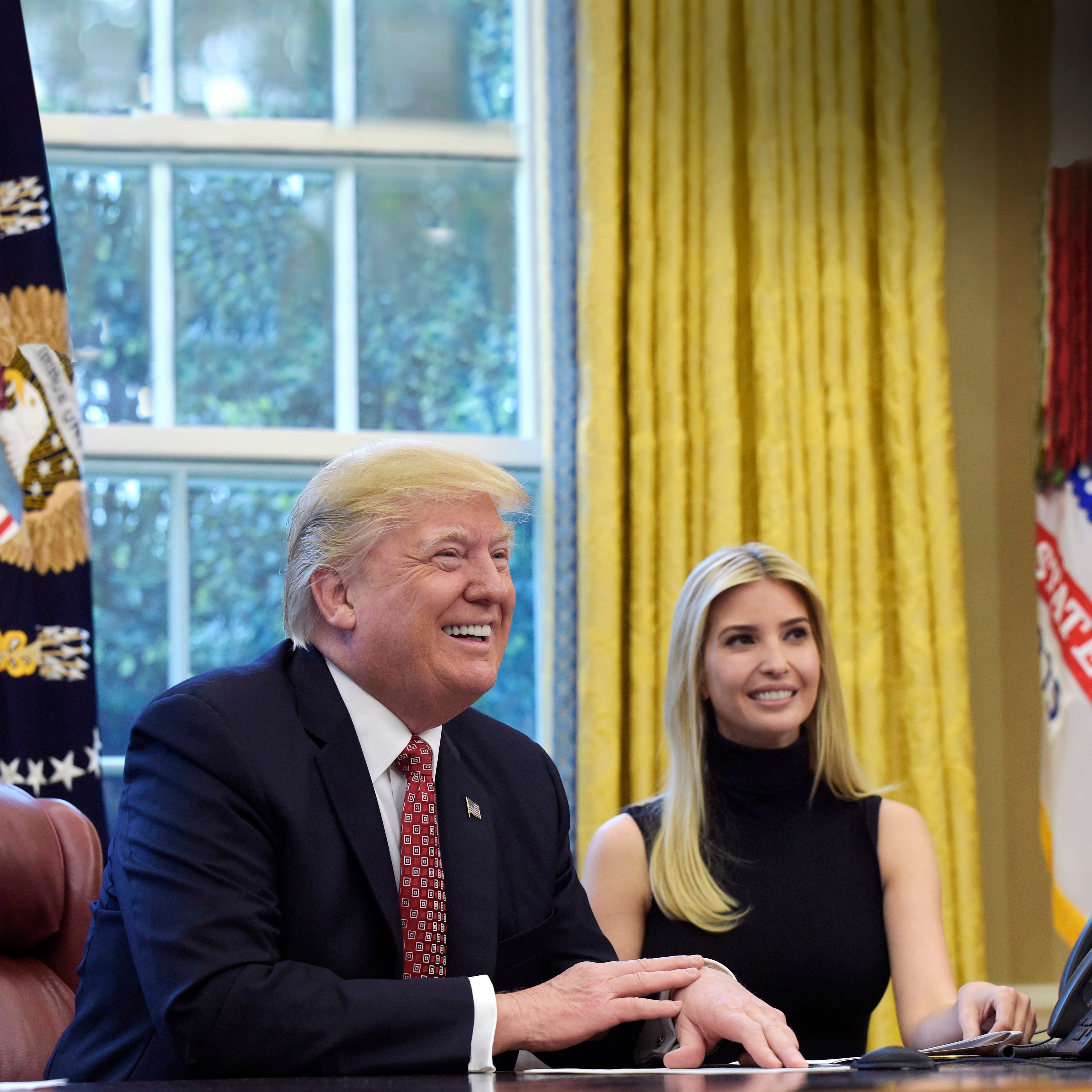 In this April 24, 2017, photo, President Donald Trump, accompanied by his daughter Ivanka Trump, talks via video conference with International Space Station Commander Peggy Whitson from the Oval Office of the White House in Washington. Not since John F. Kennedy appointed his brother Bobby to be attorney general and his brother-in-law to head the Peace Corps has a president leaned as heavily on his family as has Donald Trump. Ivanka Trump, who once said she‚Äôd stick to the role of daughter, now has a West Wing office and the title of assistant to the president after she discovered that ‚Äúhaving one foot in and one foot out wouldn‚Äôt work.‚Äù  (Susan Walsh/AP/CP)