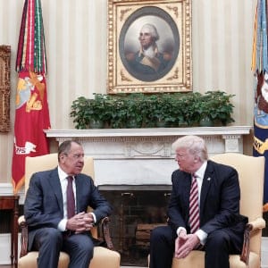 US President Donald Trump (R) and Russia's Foreign Minister Sergei Lavrov (L) meet at the Oval Office of White House in Washington, D.C., United States on May 10, 2017. (Russia Foreign Minister Press Ofice/Anadolu Agency/Getty Images)