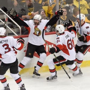 May 13, 2017; Pittsburgh, PA, USA; Ottawa Senators right wing Bobby Ryan (9) celebrates with teammates after scoring the over time goal to defeat the Pittsburgh Penguins in game one of the Eastern Conference Final of the 2017 Stanley Cup Playoffs at PPG PAINTS Arena. (Don Wright/USA Today Sports/Reuters)