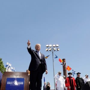 U.S. President Donald Trump points to the audience at the conclusion of the United States Coast Guard Academy Commencement Ceremony in New London, Connecticut U.S., May 17, 2017.  (Kevin Lamarque/Reuters)