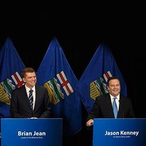 Alberta Wildrose leader Brian Jean and Alberta PC leader Jason Kenney announce a unity deal between the two in Edmonton on Thursday, May 18, 2017. (Jason Franson/CP)