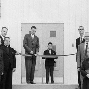 The opening of Desmarais Indian Residential School, Wabasca, Alberta December 8, 1959. (Library and Archives Canada)