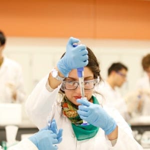 (L-R) Third year Biology students Sara Abdi and Negar Labbae are protein sampling inside a teaching lab, at the new Life Sciences Building at York. York University, Toronto, Ontario, 2012 .(Photograph by Jessica Darmanin)