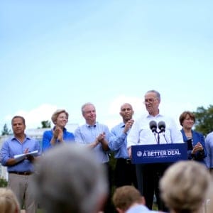 (L to R) House Minority Leader Nancy Pelosi (D-CA), U.S. Rep. David Cicilline (D-RI), Sen. Elizabeth Warren (D-MA), Rep. Chris Van Hollen (D-MD), Rep. Hakeem Jeffries (D-NY), Senate Minority Leader Chuck Schumer (D-NY), Sen. Amy Klobuchar (D-MN), Rep. Ben Ray Lujan (D-NM), Sen. Mark Warner (D-VA), and Rep. Cheri Bustos (D-IL) unveil the Democratic party's "A Better Deal" for working Americans in Berryville, Virginia, U.S., July 24, 2017. (James Lawler Duggan/Reuters)