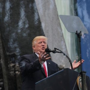 U.S. President Donald Trump gives a public speech in front of the Warsaw Uprising Monument at Krasinski Square in Warsaw, Poland July 6, 2017. (Carlos Barria/Reuters)