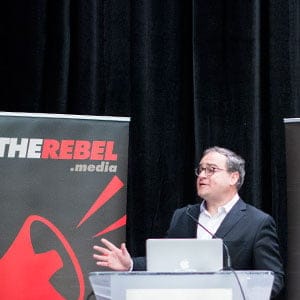 Ezra Levant speaks at a Rebel Media event. (Photograph by Chris Bolin)