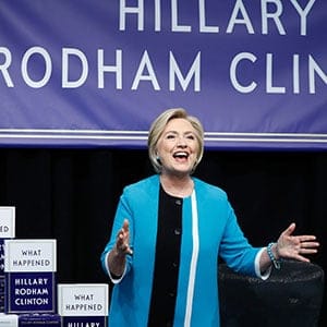 Former US Secretary of State, Hillary Clinton signs copies of her book,  "What Happened" at Barnes &amp; Noble Union Square on September 12, 2017 in New York City.  (John Lamparski/WireImage/Getty Images)