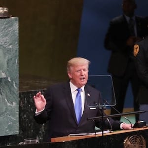 US President Donald Trump speaking at the 72nd General Assembly at the UN Headquarters in New York City, New York, September 19, 2017. (Photo via EuropaNewswire/Gado/Getty Images)