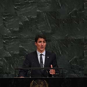 Justin Trudeau, Prime Minister of Canada speaks during the 72nd session of the General Assembly at the United Nations in New York on September 21,2017. / AFP PHOTO / TIMOTHY A. CLARY        (Photo credit should read TIMOTHY A. CLARY/AFP/Getty Images)