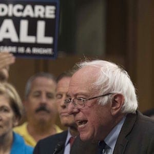 Senator Bernie Sanders, Independent from Vermont, discusses Medicare for All legislation on Capitol Hill in Washington, DC, on September 13, 2017.  
The former US presidential hopeful introduced a plan for government-sponsored universal health care, a notion long shunned in America that has newly gained traction among rising-star Democrats. / AFP PHOTO / JIM WATSON        (Photo credit should read JIM WATSON/AFP/Getty Images)