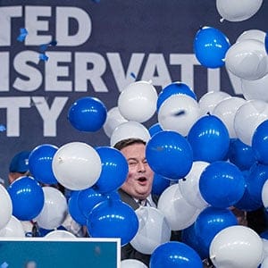 Saturday, October 28, 2017 - Calgary, AB - Jason Kenney, the newly elected leader of the United Conservative Party celebrates with supporters at the leadership race held in Calgary, AB on Saturday, October 28, 2017. Nearly 94% of members eligible to vote in the leadership election cast their ballots between October 26 and 28 online or by telephone with the Jason Kenney taking  61.1% of the vote. Photo by Chris Bolin / Macleans Magazine