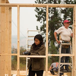 Tiny house construction. Calling themselves the Tiny House Warriors, a group of Indigenous Secwepemc people and allies from Canada are building a tiny house in the path of the massive Kinder Morgan tar sands oil pipeline’s planned route through their territory. The house is a symbol of the home they are fighting to protect, creating hope and community in the face of destruction. (Ian Willms/Greenpeace)
