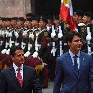 President of Mexico Enrique Pena Nieto and Canada's Prime Minister Justin Trudeau are seen  during   the Welcoming ceremony at National Palace on October 12, 2017 in Mexico City, Mexico. (Carlos Tischler/NurPhoto/Getty Images)