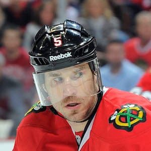 CHICAGO, IL- DECEMBER 30:  Steve Montador #5 of the Chicago Blackhawks watches for the puck during the NHL game against the Detroit Red Wings on December 30, 2011 at the United Center in Chicago, Illinois. (Photo by Bill Smith/NHLI via Getty Images)