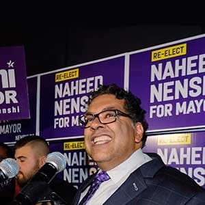 Naheed Nenshi celebrates his victory as Calgary's mayor following municipal elections in Calgary, Alta., early Tuesday, Oct. 17, 2017. THE CANADIAN PRESS/Jeff McIntosh