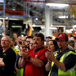 FCA assembly workers attend the celebration of the production launch of the all-new 2017 Chrysler Pacifica minivan at the FCA Windsor Assembly plant in Windsor, Ontario, May 6, 2016. (Rebecca Cook/Reuters)