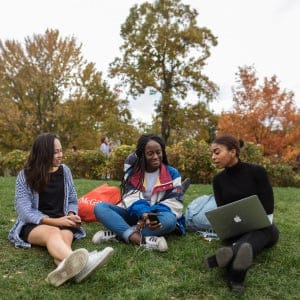 Left to right: McGill students Isabella Chon, 3rd year International Development, Sheree Marshall, 3rd year psychology student, and Reem Bushara, 3rd year Economics student, chat outdoors at the McGill University campus in Montreal on Thursday, October 19, 2017. (Photograph by Dario Ayala)