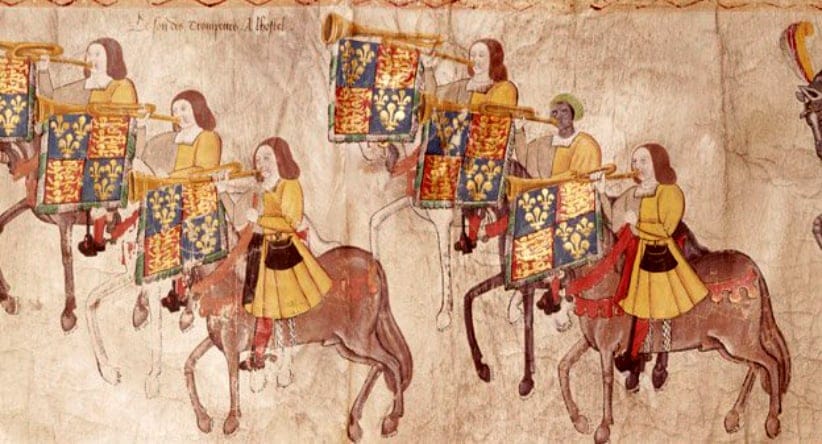 The national archives describe this thus: "an extract from the 60ft-long Westminster Tournament Roll, shows six trumpeters, one of whom is Black and is almost certainly John Blanke. All the trumpeters are wearing yellow and grey, with blue purses at their waists. John Blanke is the only one wearing a brown turban latticed with yellow. He is mounted on a grey horse with a black harness." (College of Arms/National Archives London)
