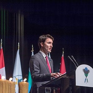 Prime Minister Justin Trudeau delivers an apology on behalf of the Government of Canada to former students of the Newfoundland and Labrador Residential Schools in Happy Valley-Goose Bay, N.L. on Friday, Nov. 24, 2017. (Andrew Vaughan/CP)