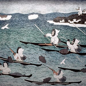 Canada, NWT, Cape Dorset, print co-op, artist Mary Pudlap, lithograph "The whale hunt". (Wolfgang Kaehler/LightRocket/Getty Images)