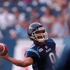 Toronto Argonauts QB Damon Allen unloads downfield during CFL action at the 2005 home opener between Toronto and the BC Lions at the Rogers Centre. 
(Rick Madonik/Toronto Star)