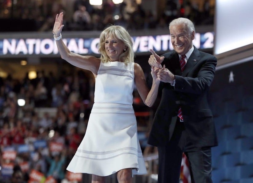 Dr. Jill Biden and Vice President Joe Biden wave after speaking to delegates during the third day session of the Democratic National Convention in Philadelphia, Wednesday, July 27, 2016. (AP Photo/Carolyn Kaster)